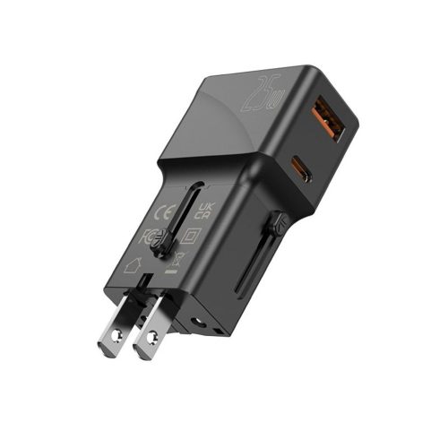 25W 2 portos univerzális világutazó adapter 1xUSB + 1xUSB-C 