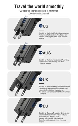 25W 2 portos univerzális világutazó adapter 1xUSB + 1xUSB-C 